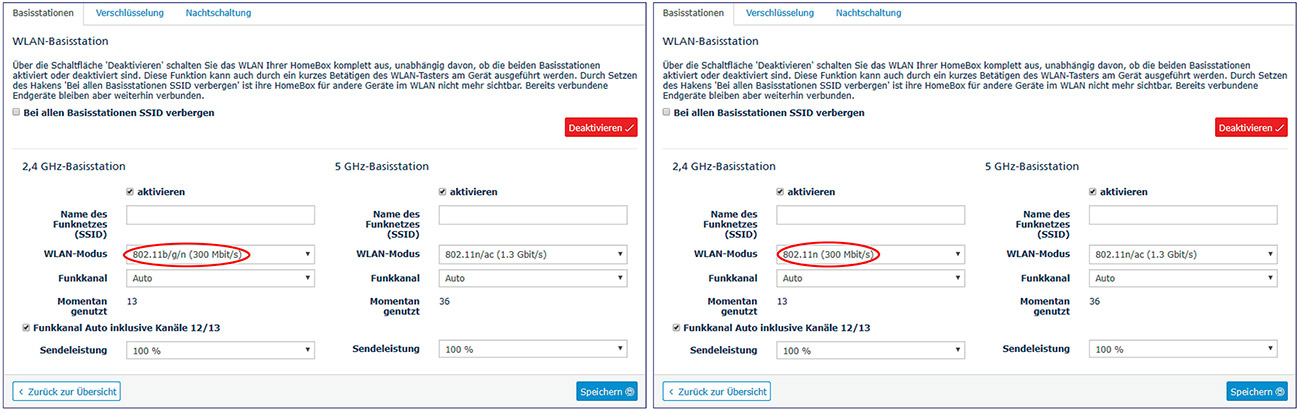 Benutzeroberfläche eines O₂-Routers, Enstellung des Funkstandards für das 2,4-GHz-Band