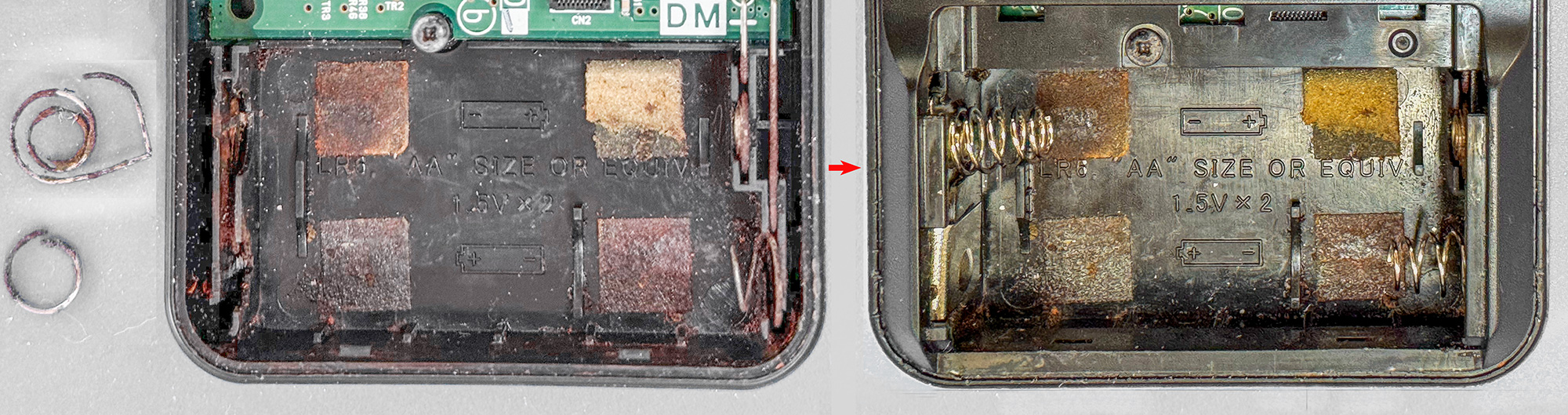 Links: Batteriefach vom  Rost zerfressen, rechts rekonstruiert